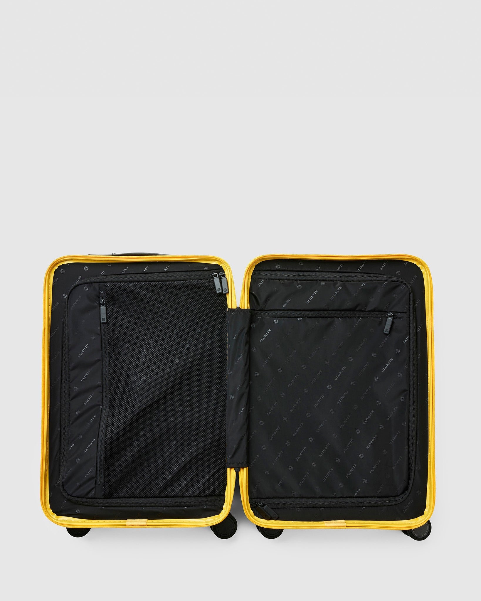 Yellow carry on suitcase internal compartment view